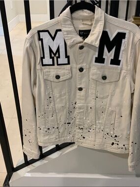 Cream Denim Paint-Splatter Jacket with Black 'M' Patches